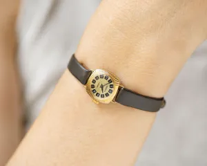 Sunburst case women wristwatch Seagull, gold plated dainty lady watch vintage, square watch tiny jewelry gift, new premium leather strap