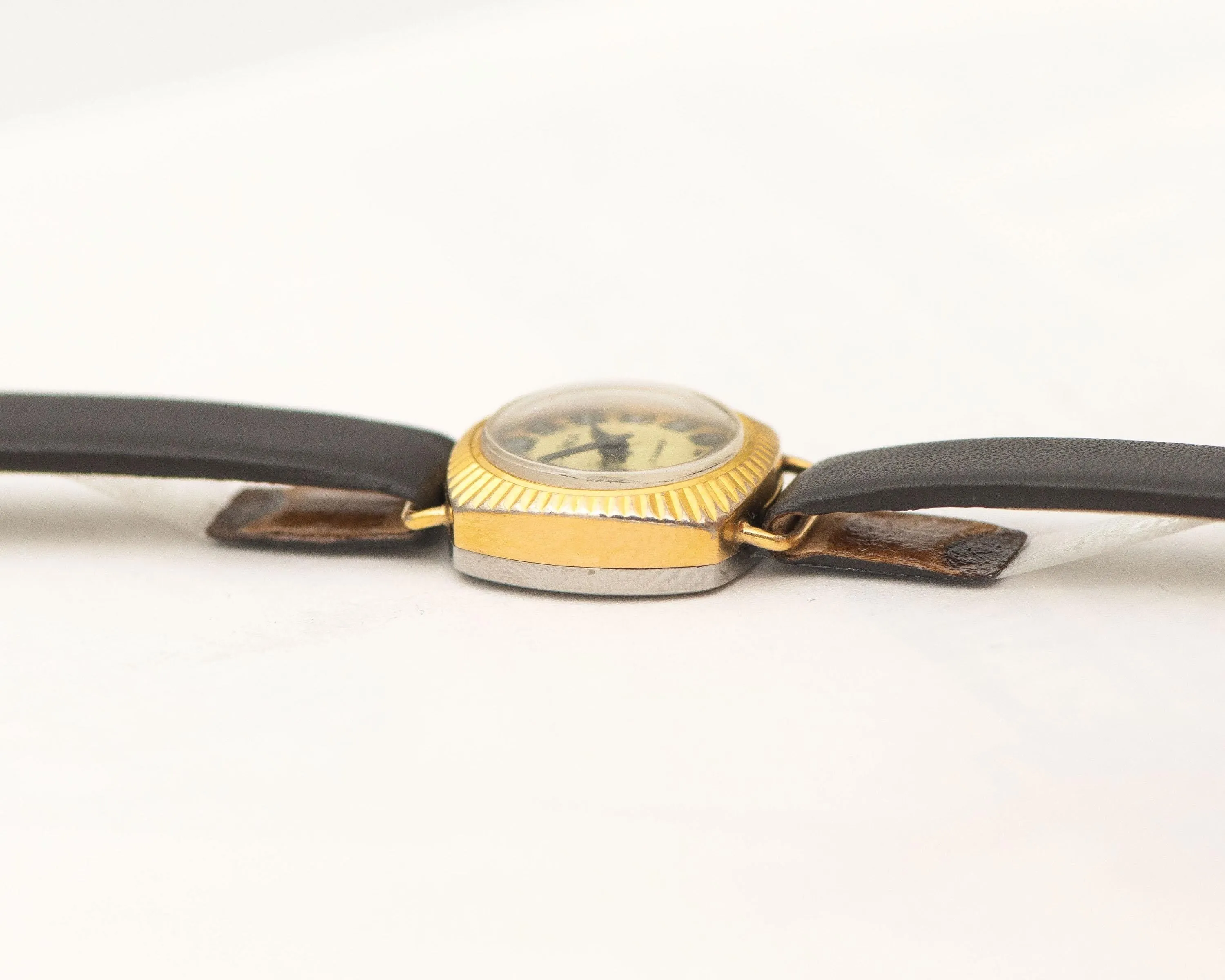 Sunburst case women wristwatch Seagull, gold plated dainty lady watch vintage, square watch tiny jewelry gift, new premium leather strap