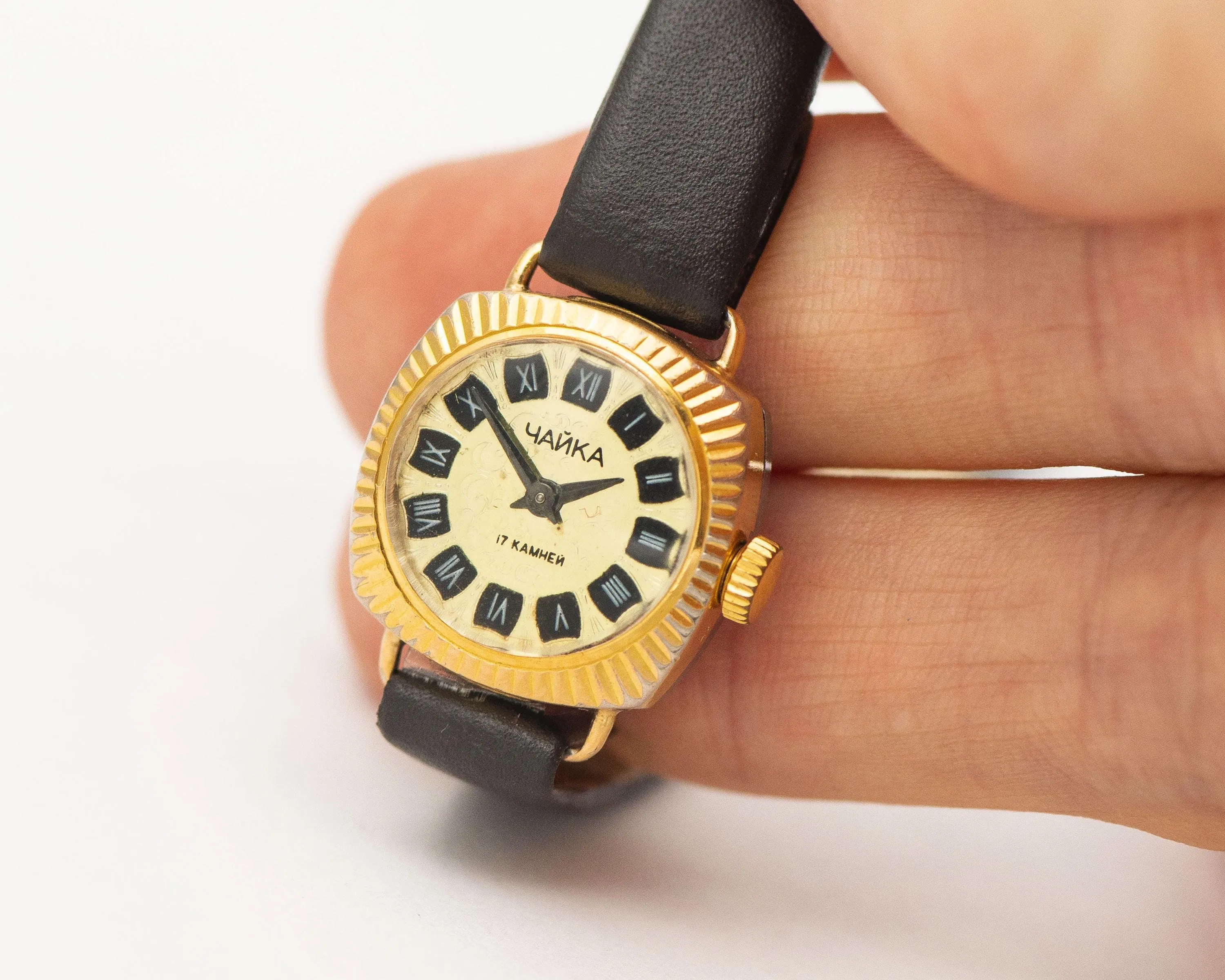 Sunburst case women wristwatch Seagull, gold plated dainty lady watch vintage, square watch tiny jewelry gift, new premium leather strap