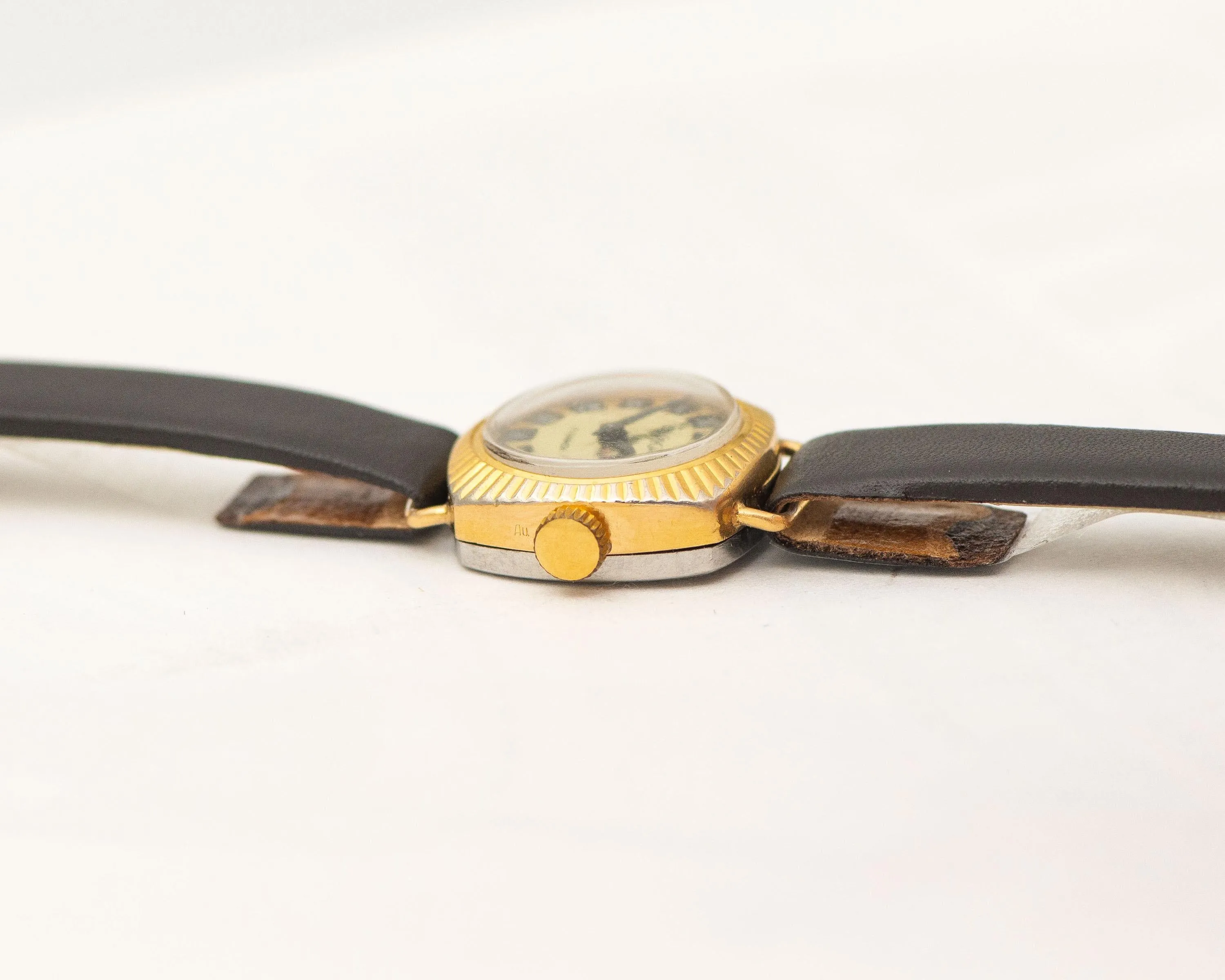 Sunburst case women wristwatch Seagull, gold plated dainty lady watch vintage, square watch tiny jewelry gift, new premium leather strap