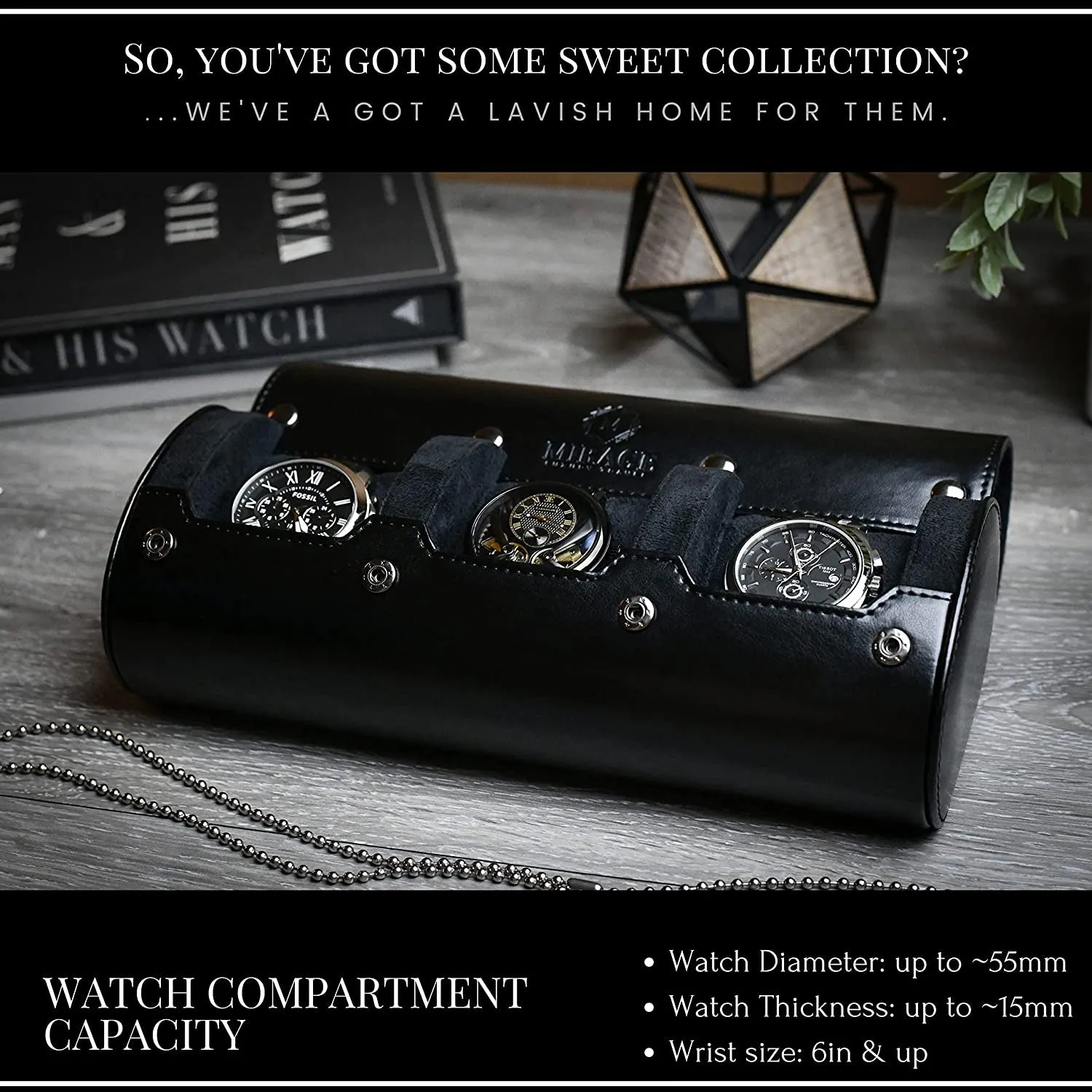 Travel Watch Case – 3 Watch Organizer Travel for Men - Watch Carrying Case Holder and Display - Super Black Motif Vegan Leather