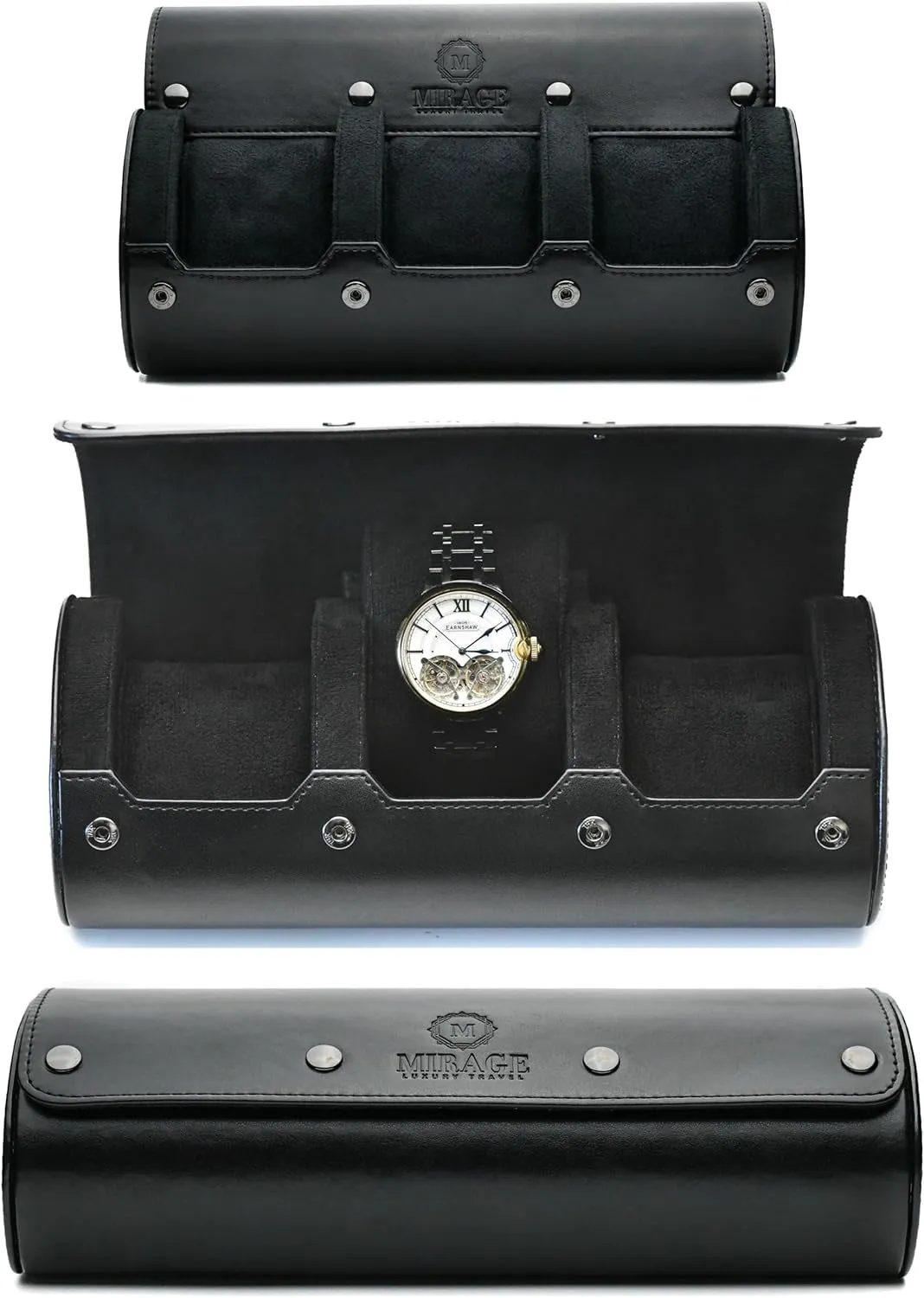 Travel Watch Case – 3 Watch Organizer Travel for Men - Watch Carrying Case Holder and Display - Super Black Motif Vegan Leather