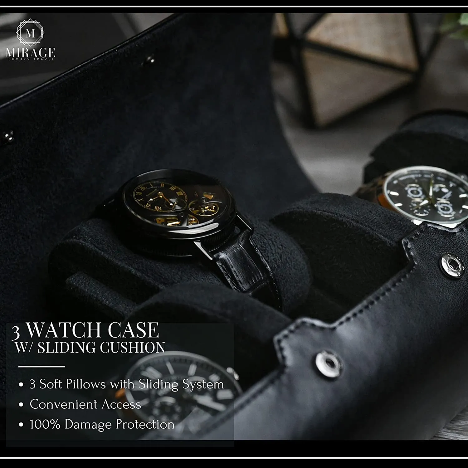 Travel Watch Case – 3 Watch Organizer Travel for Men - Watch Carrying Case Holder and Display - Super Black Motif Vegan Leather