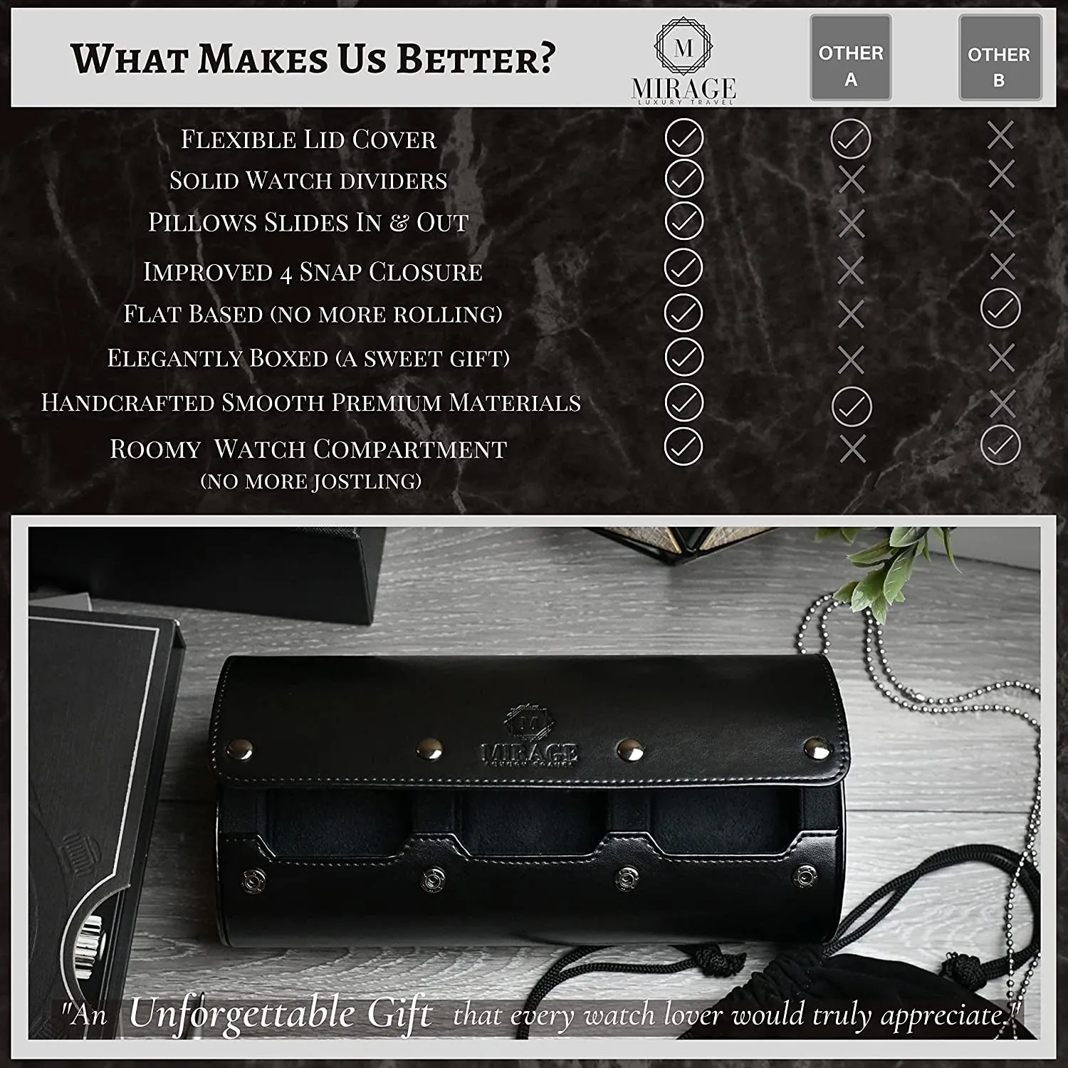 Travel Watch Case – 3 Watch Organizer Travel for Men - Watch Carrying Case Holder and Display - Super Black Motif Vegan Leather