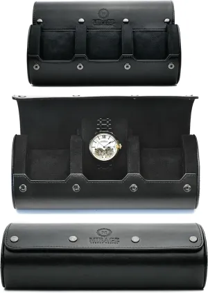 Travel Watch Case – 3 Watch Organizer Travel for Men - Watch Carrying Case Holder and Display - Super Black Motif Vegan Leather