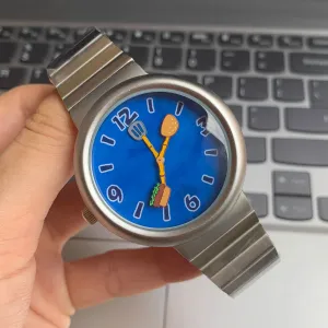 Unique Burger-Themed Blue Dial Watch – Silvery Matte Finish