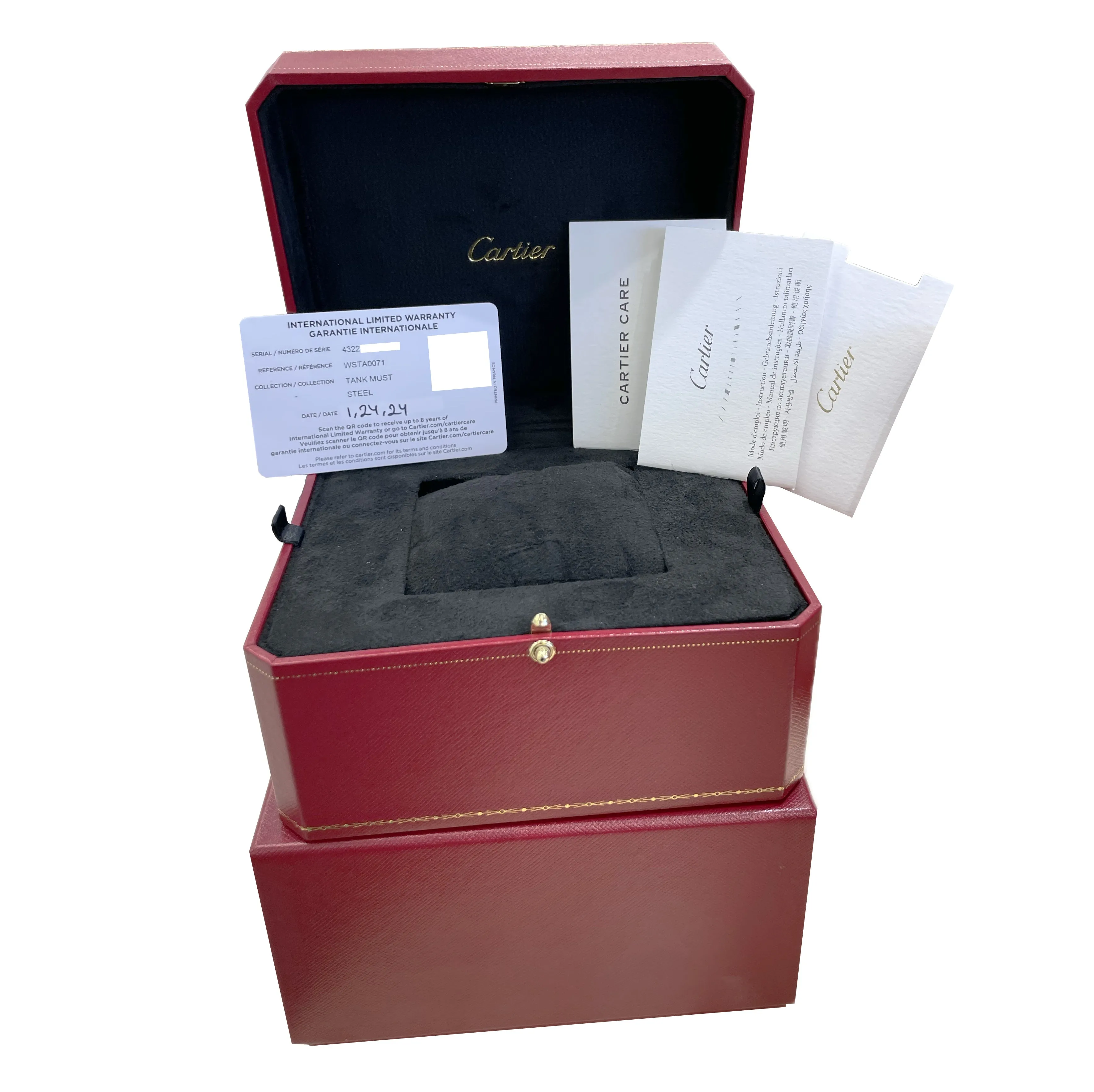 UNWORN 2024 PAPERS Cartier Tank Must 25mm WSTA0071 4322 Black Leather Watch BOX