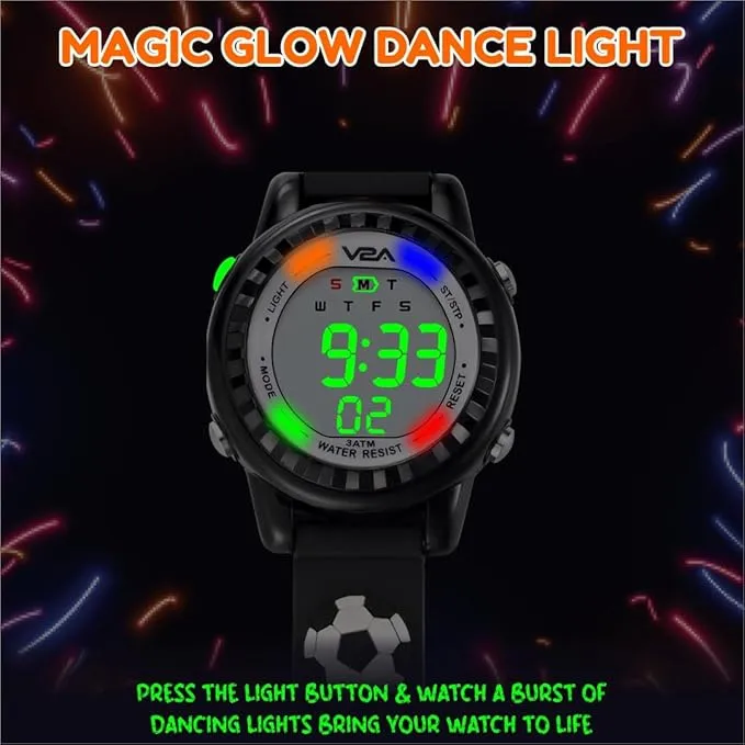 V2A Kids 3D Football Digital Watch for Boys Soft Silicone Strap | Multicolour LED Light | Alarm, Stopwatch, Time & Date | Sports Wristwatch Gift for Boys Ages 3–10