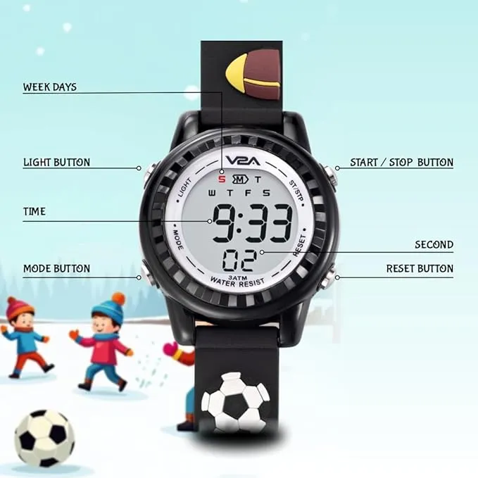 V2A Kids 3D Football Digital Watch for Boys Soft Silicone Strap | Multicolour LED Light | Alarm, Stopwatch, Time & Date | Sports Wristwatch Gift for Boys Ages 3–10