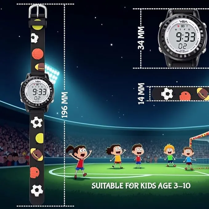 V2A Kids 3D Football Digital Watch for Boys Soft Silicone Strap | Multicolour LED Light | Alarm, Stopwatch, Time & Date | Sports Wristwatch Gift for Boys Ages 3–10