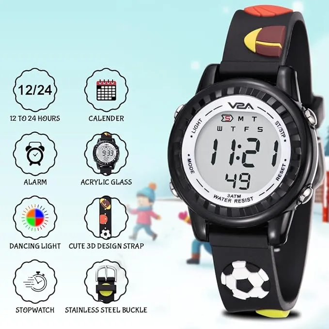 V2A Kids 3D Football Digital Watch for Boys Soft Silicone Strap | Multicolour LED Light | Alarm, Stopwatch, Time & Date | Sports Wristwatch Gift for Boys Ages 3–10
