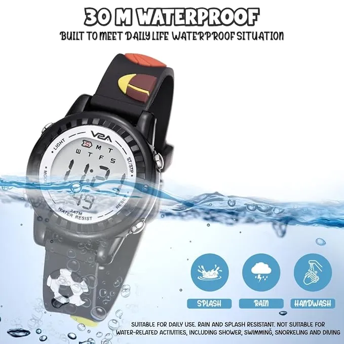 V2A Kids 3D Football Digital Watch for Boys Soft Silicone Strap | Multicolour LED Light | Alarm, Stopwatch, Time & Date | Sports Wristwatch Gift for Boys Ages 3–10