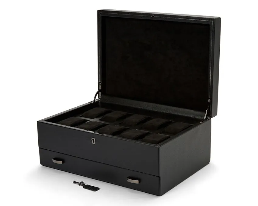 WOLF British Racing 10 Piece Watch Box with Storage - Black