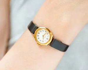 Women wristwatch vintage Dawn, gold plated retro watch for women swirl pattern on dial, watch for lady jewelry gift new premium leather band